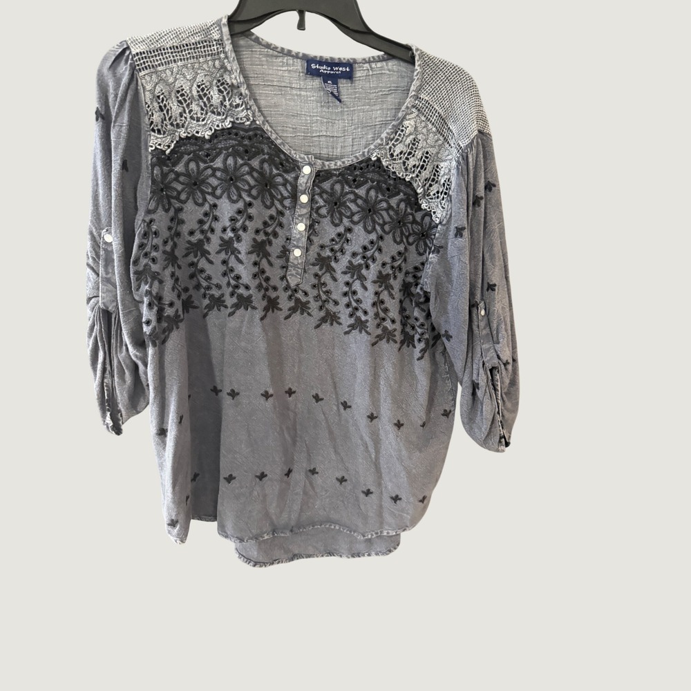 Studio West Grunge Whimisgoth Blue Embroidered Eyelet Lace Henley Blouse XL